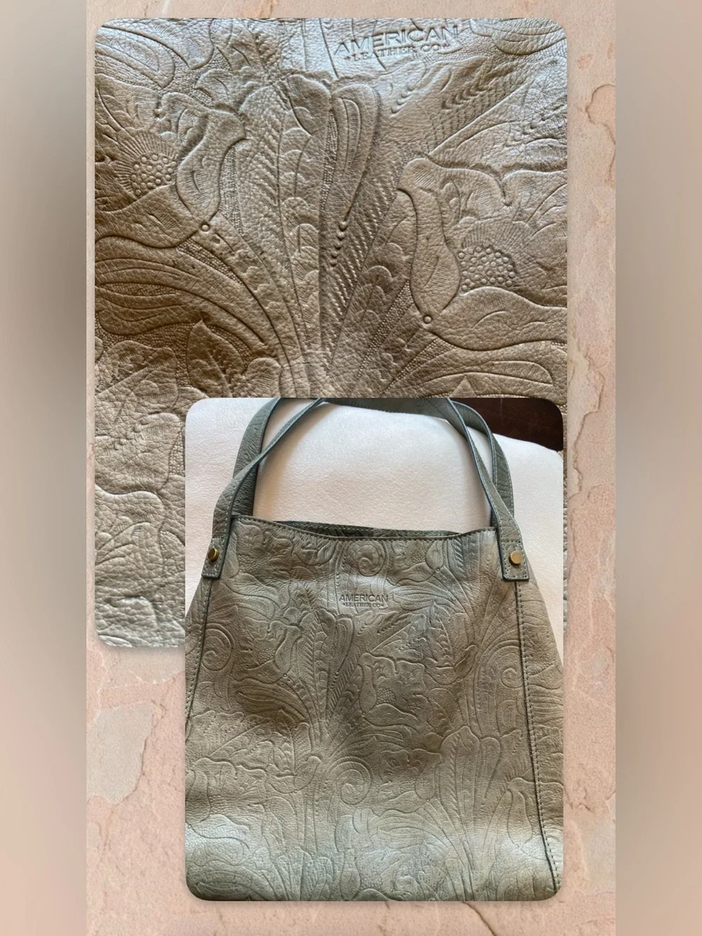 American Leather Co. Embossed Sage Green Leather Tote